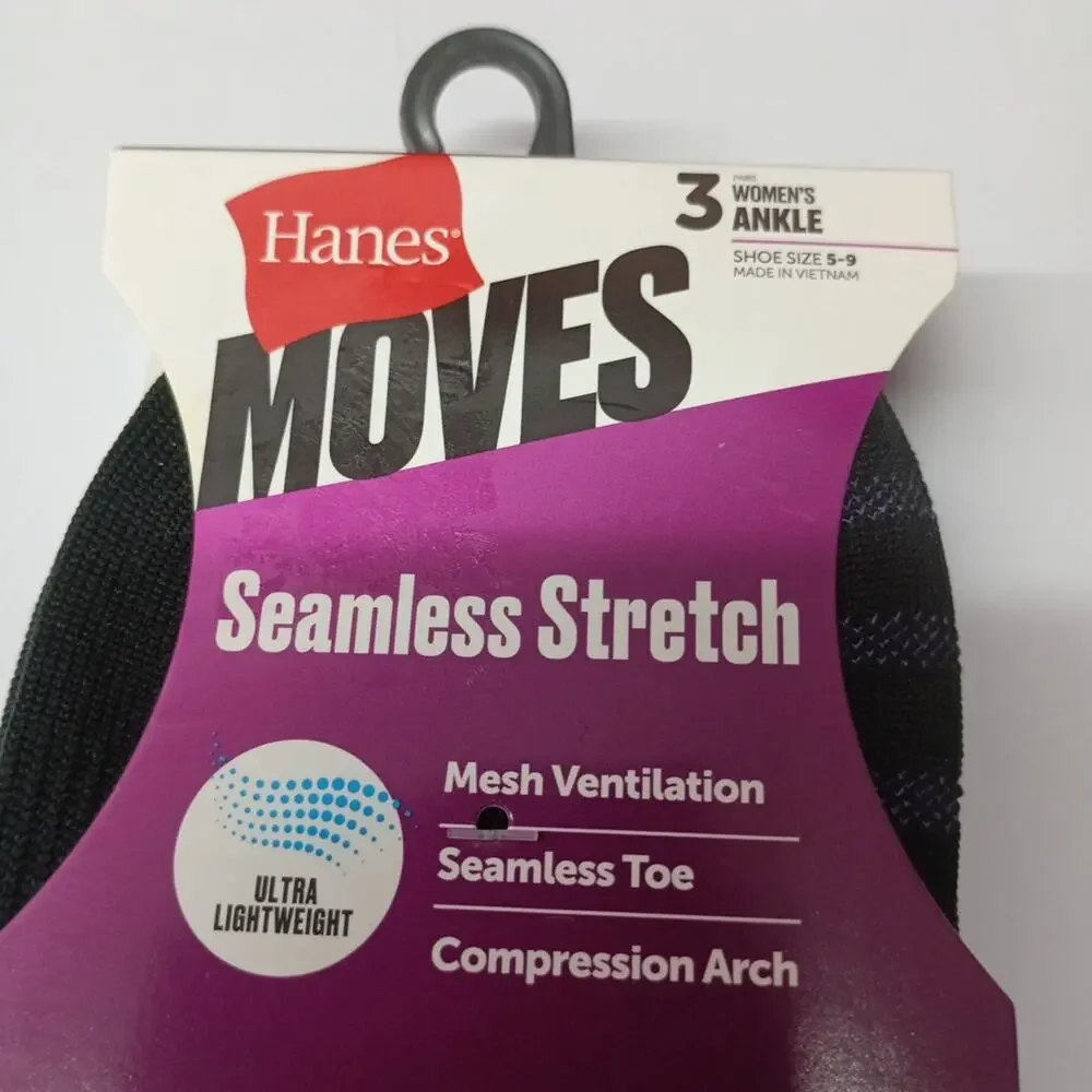 Hanes Moves Ankle Socks 6 Pairs Women's Size 5-9‎ Black Seamless Stretch
